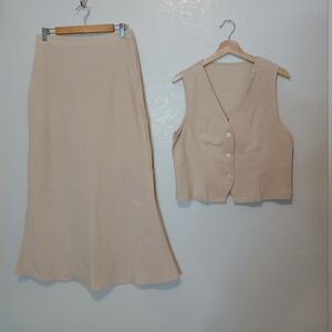 Beige Tan 2 Piece Maxi Skirt & Matching Vest Sleeveless Top Neutral Minimalist